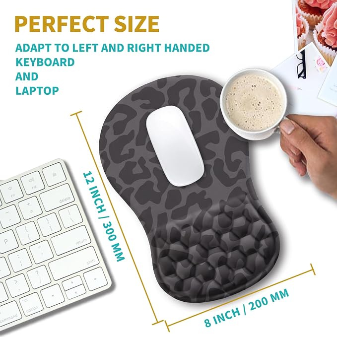 Hokafenle Ergonomic Mouse Pad Wrist Support, Wrist Rest Mousepad for Carpal Tunnel Pain Relief with Integrated Memory Foam Slope Massage Bulge (11.8x7.9 inch,Black Leopard