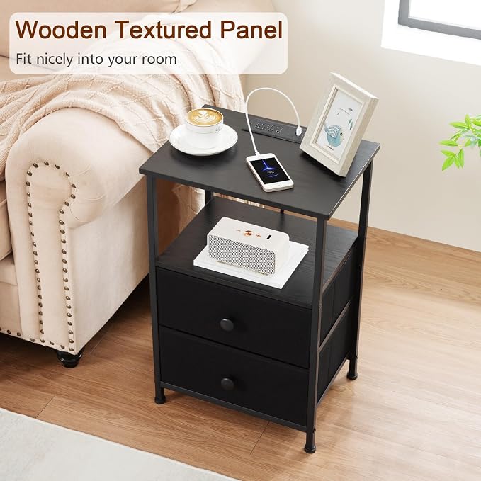 LOAKEKEL Night Stand Set 2, Black Nightstand with Charging Station, End Tables with Storage Shelf for Small Spaces, Bedside Table Side Tables with 2 Fabric Drawers for Bedroom, HETS020BK