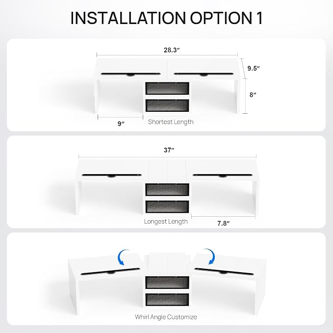 ZIFTY Dual Monitor Stand Riser for 3 Monitors, Desk Organizer with 2 Drawer and Smartphone Holder, Adjustable Length & Angle Workspace Organizers for Monitors Laptop Printer Computer, White