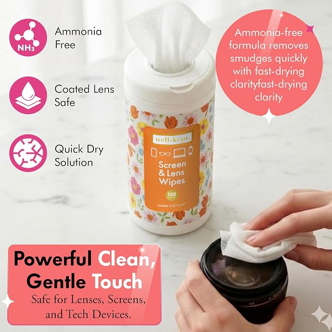 Well-Kept Tech & Lens Wipes - Eyeglass, Screen & Phone Cleaning, Multi-Surface, Lint-Free, Pre Moistened, Streak-Free & Non Scratching - NEW Size - Spring Break Canister, (120 Count)