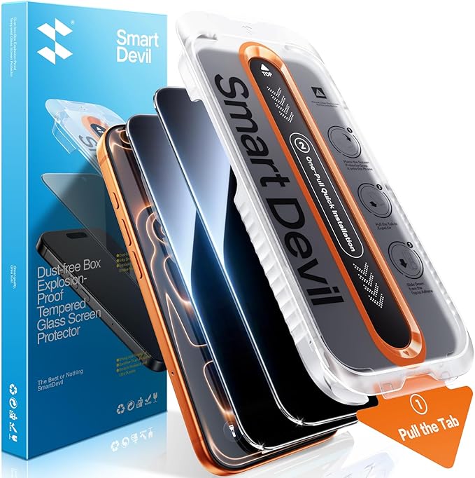 SMARTDEVIL 2 Pack Privacy Screen Protector for iPhone 17 Pro, Anti-Spy Tempered Glass Film, 9H Hardness Military Grade Shatterproof, Easy to Install, Auto Bubble-Free and Dust-Free Box, Case Friendly