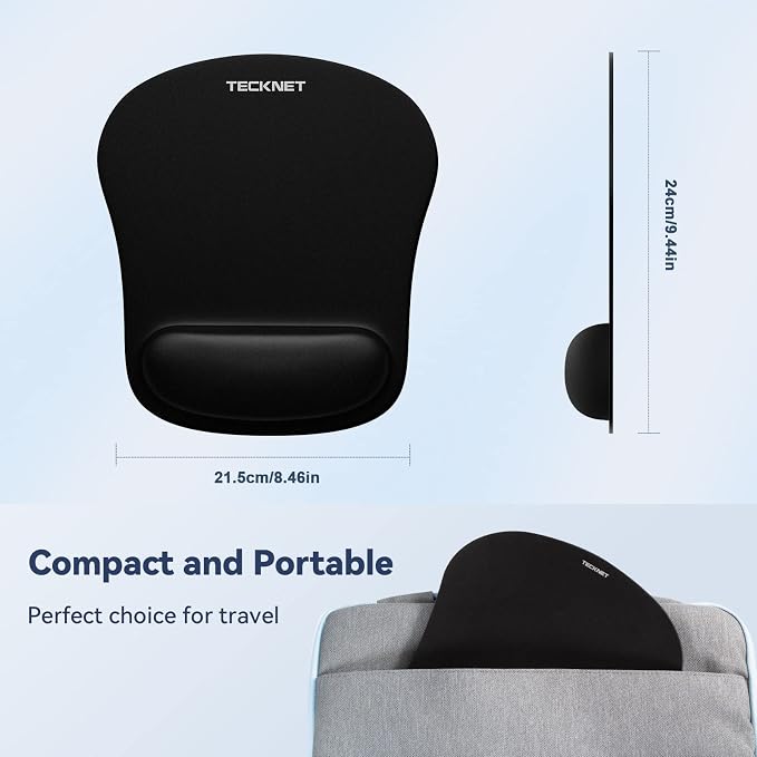 TECKNET 2 Pack Mouse Pad with Wrist Support, Ergonomic Gaming Mouse Pad Pain Relief, Portable Comfortable Mousepad for Computer, Laptop, Office, Home Non-Slip Base, Waterproof Surface - Black