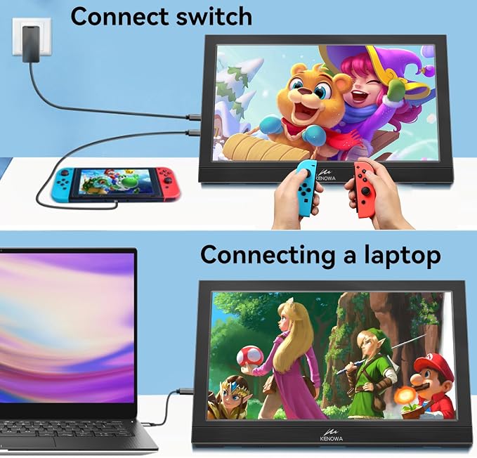 Kenowa Portable Monitor 13.3 Inch - HD 1366x768P LED Display External Monitor with USB C HDMI, Built-in Speakers Second Screen for Laptop Phone Mac PC PS4 Xbox