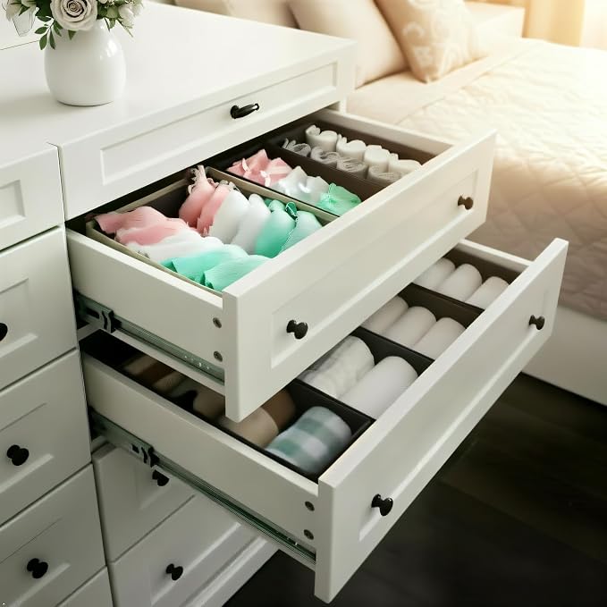 Bructhun Sock Drawer Organizer 9 Pack - Collapsible Fabric Storage Bins for Underwear Divider, Small Closet Organizers with 9 Compartments, Beige