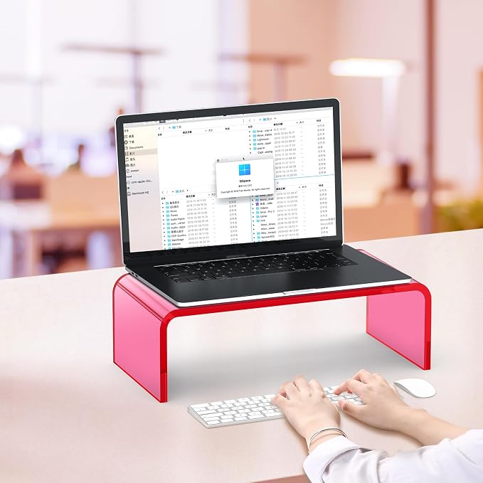 Acrylic Monitor Stand Riser Acrylic Laptop Stand for Desk Clear Computer Monitor Stand for Desk Accessories iMac Organizer Office Must-Haves Product for Office Home Bright Pink