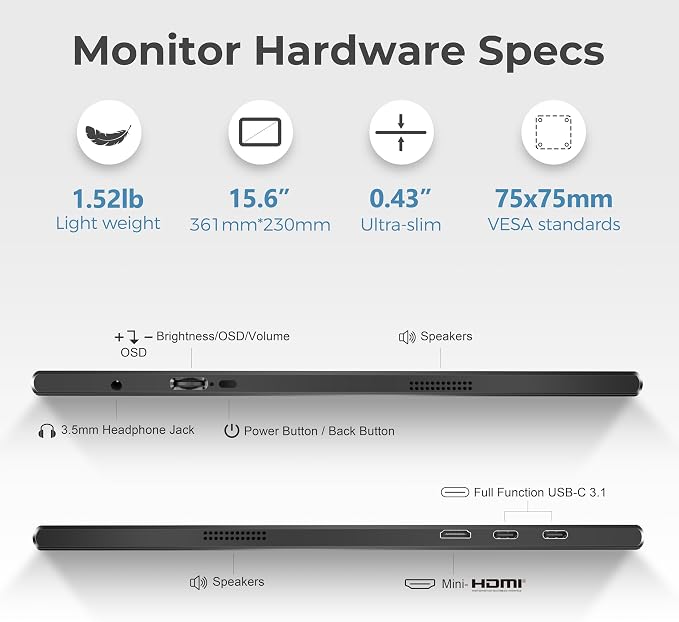 UFYQL Portable Monitor for Laptops - 15.6 -inch FHD 1080P IPS Screen, Built-in Speakers, USB-C/HDMI, Includes Protective Case, Compatible with Laptops, MAC, PC, Phones, PS4/5, Xbox, Switch