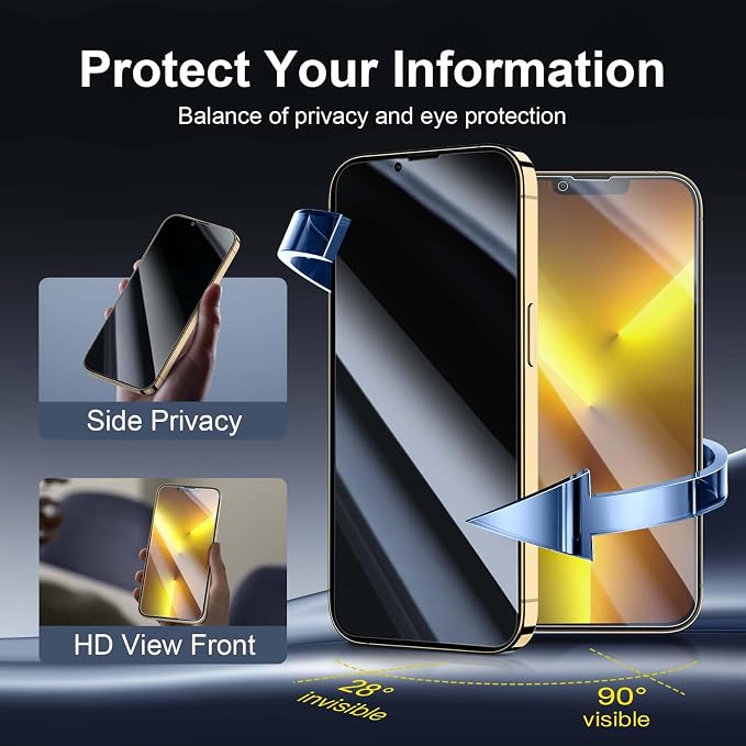 NEW'C 3x Privacy for iPhone 13 Pro Max Screen Protector (6.7 inches)+ 3x Camera Lens Protector, Sensor Protection, Tempered Glass Film +Dust Plug - Enhanced Privacy Angle of 28 Degrees