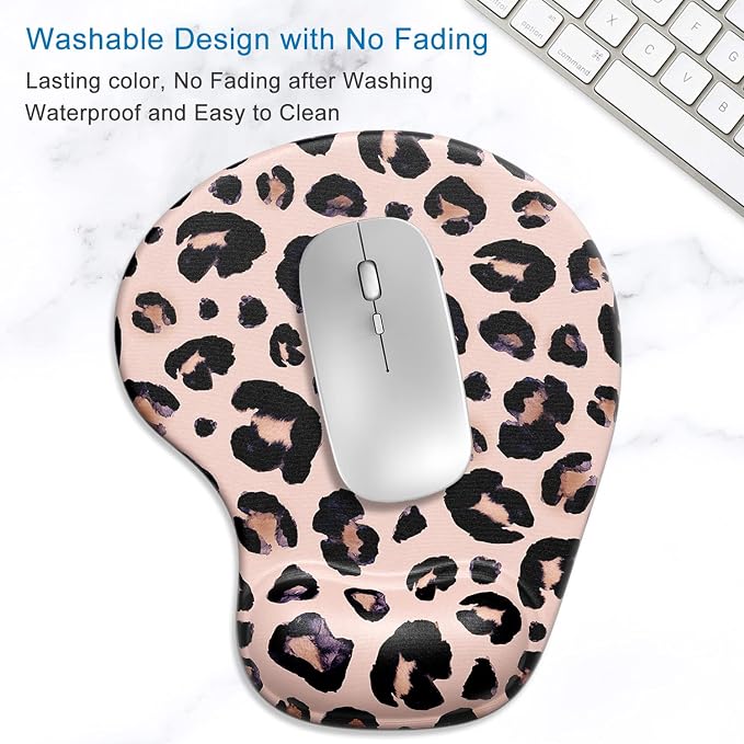 ITNRSIIET Ergonomic Mouse Pad with Gel Wrist Support Wrist Rest Smooth Surface Non-Slip PU Base Comfortable Office Supplies Pain Relief, 9.5 x 8 inches, Leopard Black Purple