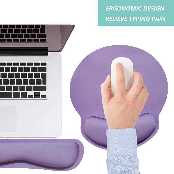 Keyboard Wrist Rest Pad Mouse Pad with Wrist Support Set of 3, Mousepad with Non-Slip Rubber Base, Ergonomic Memory Foam Mouse Wrist Cushion Support for Home Office Laptop Computer Gaming, Purple