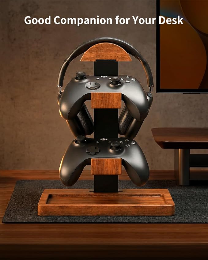 Headset Stand with Controller Holder, 3-in-1 Solid Walnut Wood Gaming Desk Organizer, Compatible with Controllers, Display Mount for AirPods Max, Bose, Sennheiser, Gift for Gamers