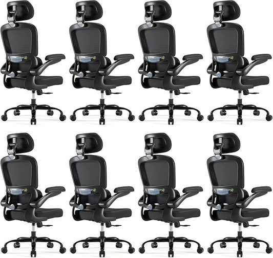 TRALT Ergonomic Office Chair - Desk Chair with Adjustable Headrest Lumbar Support Computer Chair - Mesh Comfy Chair with Flip-up Armrests - Gaming Chair for Adults Home Office PU, Black, Pack of 8