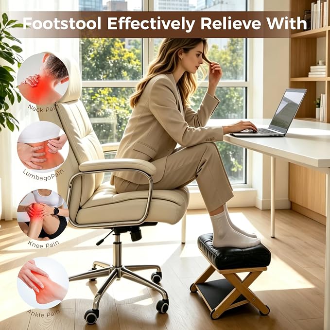 Foot Rest Under Desk, Wooden Double Step Foot Stool with Cushioned Top and Non-Slip Surface, Ergonomic Under Desk Footrest for Office, Home, Gaming and Work