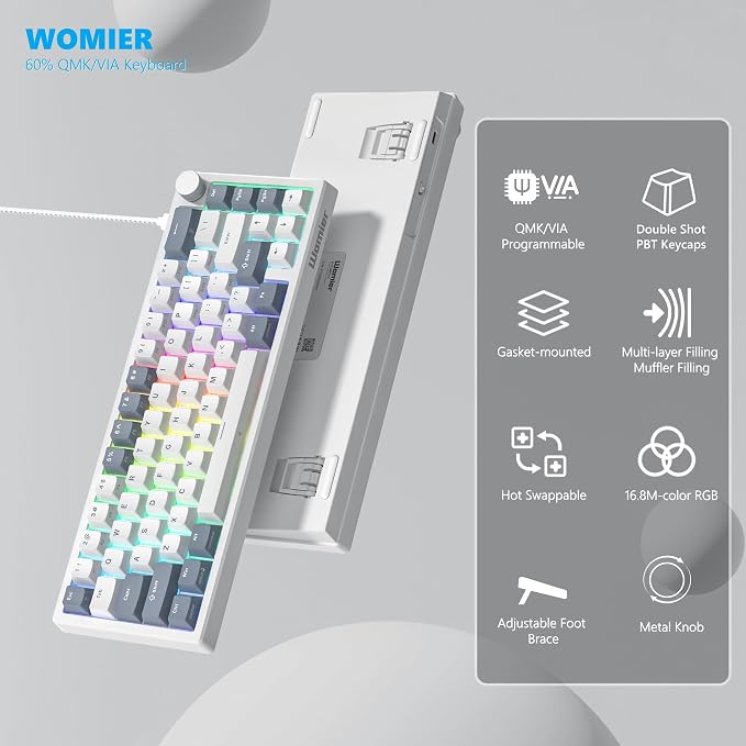 Womier VK66 PRO 60% Gaming Keyboard Wired, QMK/VIA Creamy Mechanical Keyboard, Hot Swappable Gasket Mount RGB Key Board & Translucent Keycaps (White)