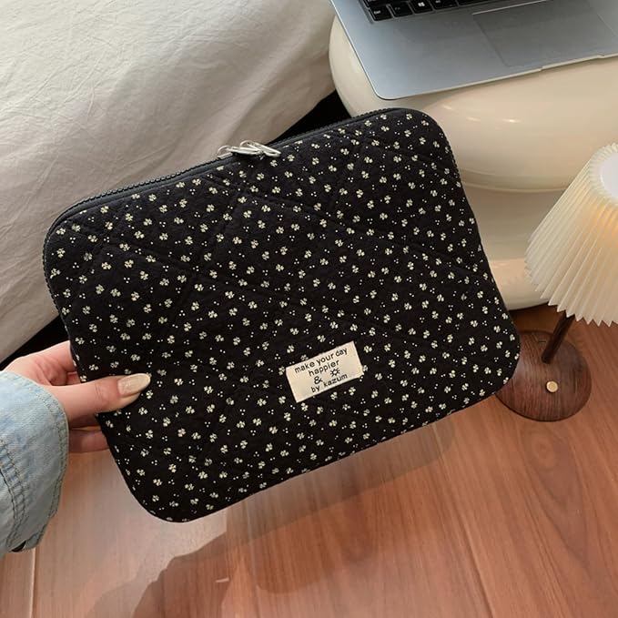 Puffy Laptop Sleeve 13-15.6 Inch Corduroy Quilted Laptop Protective Case Cute Floral Computer Sleeve Protective for MacBook (Black Ditsy Floral, 11 Inch)
