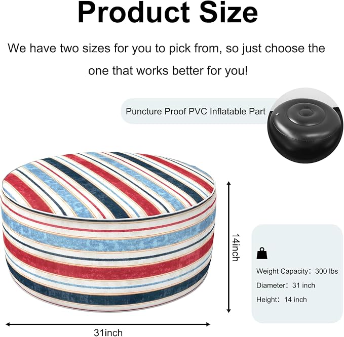 DYTXIII Inflatable Ottoman Stool D31 xH14 for Outdoor/Indoor Use, Water Repellent Patio Foot Rest Stool with Portable Handle,Round Pouf Ottoman Suitable for Garden,Deck and Camping - Stripe Red Blue