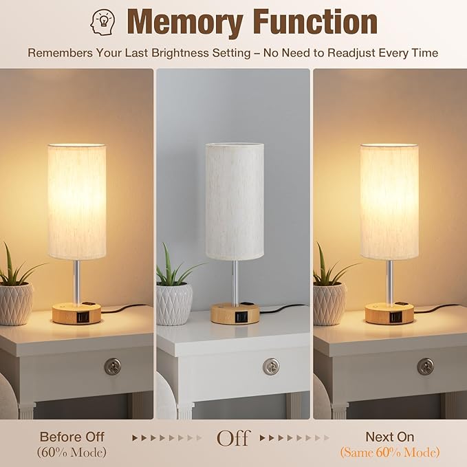 Touch Bedside Table Lamp with Memory - Stepless Dimmable Lamp for Bedroom, Small Nightstand Lamp with Dual USB Charging Ports and AC Outlet, Wood Night Light, Desk Lamp for Nursery, Living Room, Dorm