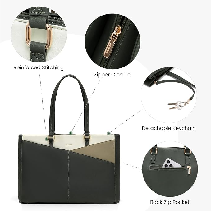 LOVEVOOK Laptop Bag for Women, 15.6 inch Laptop Tote Work Teacher Bags Cancas Computer Shoulder Bag,Dark Green/Olive green/Off white