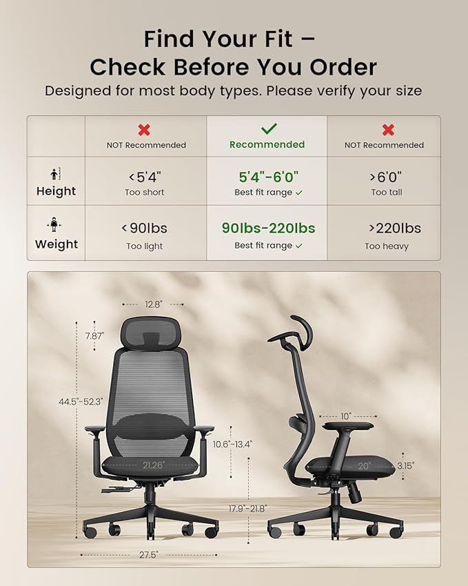 ProtoArc EC200 Ergonomic Office Chair – High-Back Mesh Computer Chair with Lumbar Support, Adjustable Seat Depth & 3D Headrest Ergo Desk Chairs for Work from Home, 8+ Hours Comfort – Black