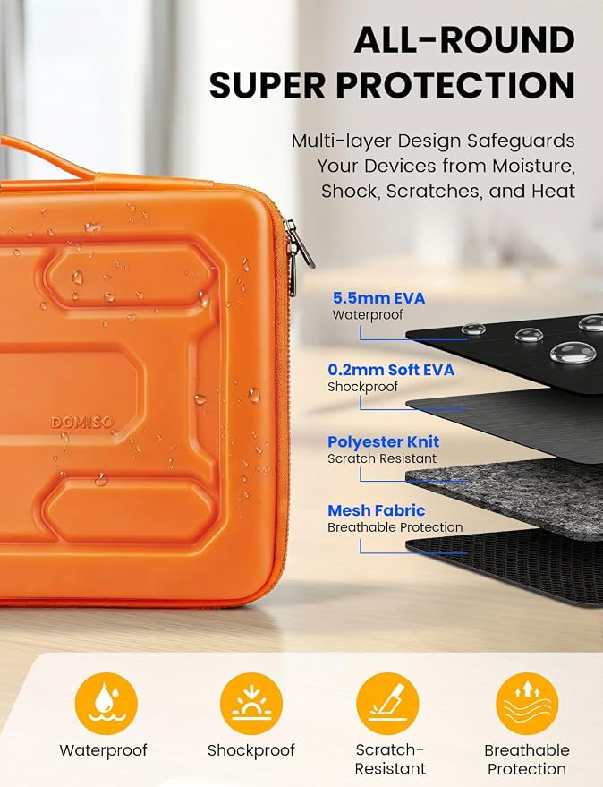 DOMISO Laptop Hard Case 14-14.4 inch Waterproof Shockproof Hard Shell Laptop Sleeve with Handle & Storage Pocket, Compatible with MacBook, HP, Dell, Orange