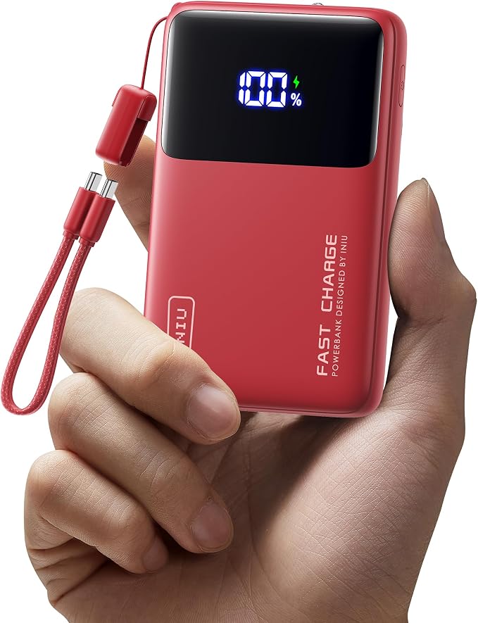 INIU Small Portable Charger, 45W PD Fast Charging 10000mAh Power Bank, Battery Pack with Attached USB C Cable, Travel Essentials Powerbank for iPhone 17 16 15 14 Pro Air, Xiaomi, Samsung S25, Red