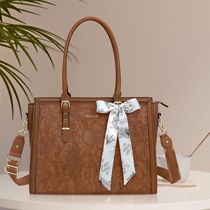 MOSISO Laptop Bag for Women, 15.6-16 inch PU Leather Tote Bag Compatible with MacBook, HP, Dell, Asus Notebook, Front Embossed Retro Hibiscus Computer Bags with Silk Scarf&Clutch Purse, Brown