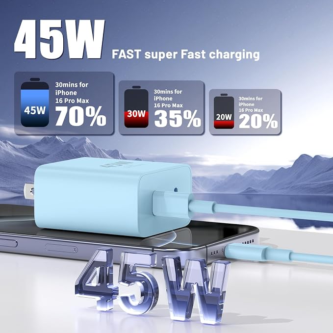 QZIIW iPhone 16 15 Pro Max Charger Fast Charging,45W Dual Port USB C Fast Charger Block [2-Pack] & Extra Long 60W 3/6/10/10FT USB C Cable - PD Quick Adapter 3.0 for iPhone 16 15/16 15Pro/16 15 Plus.