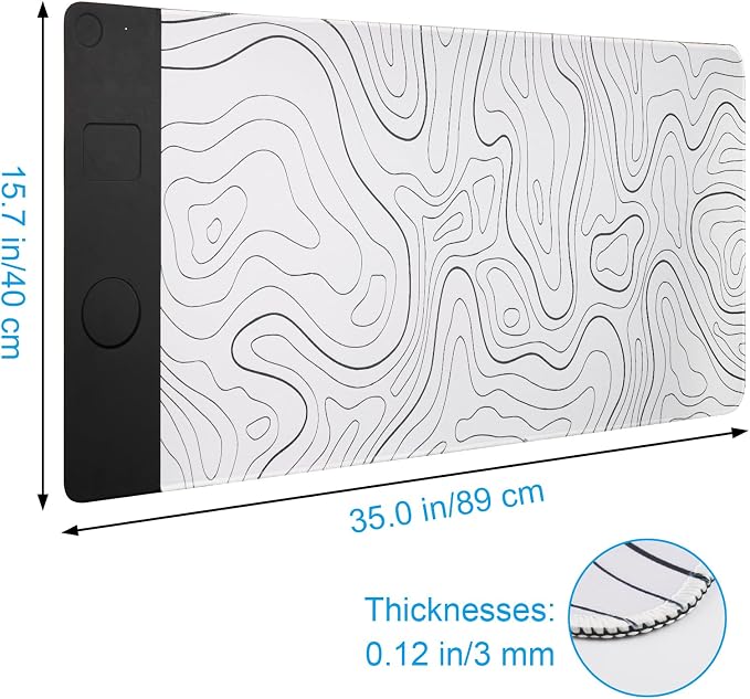 VOVIPO 3 in 1 Wireless Charging Mouse Pad, Desk Mat with Wireless Charger Multiple Devices Compitable with Watch/iPhone, White Topographic Large Desk Mat(90 x 40cm) for MacBook, PC, Laptop