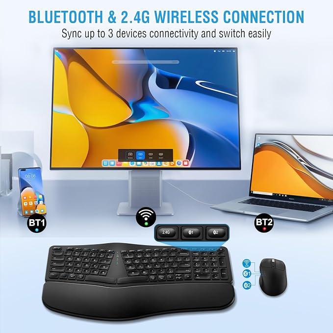 Ergonomic Wireless Keyboard Mouse Combo, EDJO Bluetooth/2.4G Dual Channel, Split Design, Soft Foam Palm Rest, 4 Level DPI Adjustable Wireless Mouse, Rechargeable, for Windows/Mac/Android（Black）