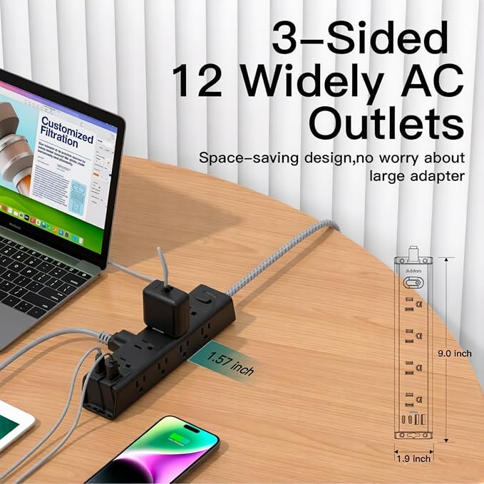 Addtam Black Power Strip Surge Protector with 12 AC Outlets & 4 USB Ports, 5FT Extension Cord, Flat Plug Wall Mount, 1050J, Desk Charging Station for Home Office Gaming Setup, ETL Listed