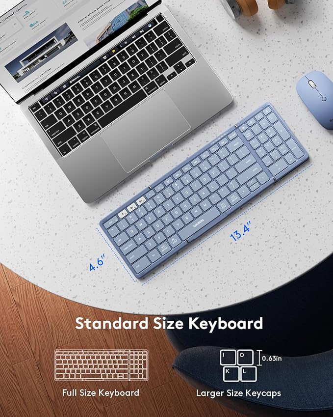 Foldable Keyboard and Mouse, Samsers Folding Bluetooth Keyboard Combo, 2.4G + BT5.0 x 2, Full-Size Portable Travel Keyboard & Rechargeable Wireless Mouse for Windows Android iOS Mac OS, Young Blue