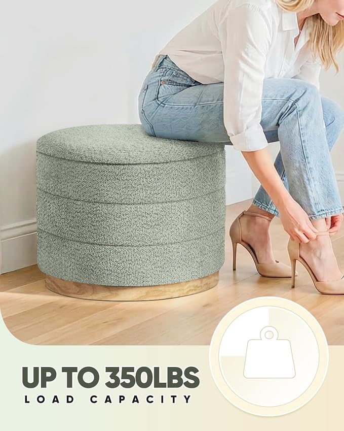 B FSOBEIIALEO Round Storage Ottoman with Tray, Folding Ottoman with Storage Coffee Table Foot Rest for Dorm Room Living Room Chenille Fabric,Sage Green,22.83"x22.83"x17.33"
