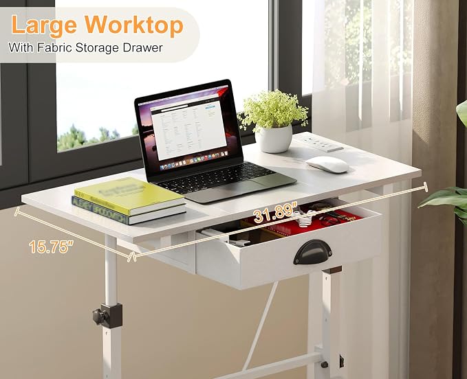 Cidaziya Small Adjustable Height Standing Desk with Storage Drawers, Rolling Sit Stand Up Desk with Wheels Charging Station, Adjustable Mobile Portable Table for Walking Pad Laptop Treadmill Computer