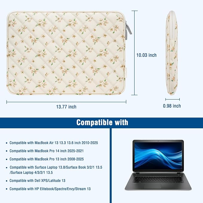 MOSISO 13-14 inch Laptop Case, 13.3 inch Puffy Laptop Sleeve Compatible with MacBook Air 13.6 M4 M3 M2 M1/Pro 13/Pro 14, HP Dell ASUS Lenovo, Square Quilted Carrying Case Computer Bag, Idyllic Floral