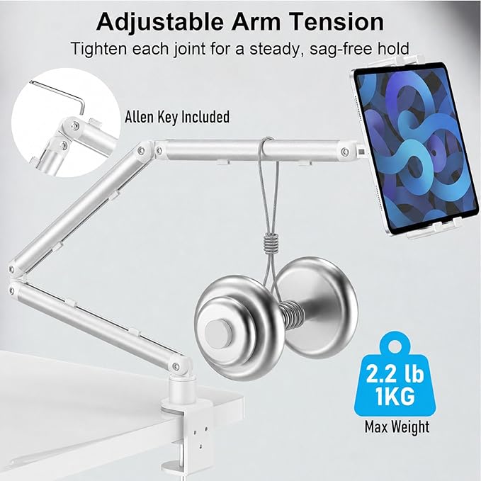 Portable Monitor Stand 15.6", Heavy Duty Tablet Arm Mount with Desk Clamp, Sag-Free Adjustable iPad Holder for Bed, 360° Foldable Arm Fits 4.7"-18.5" iPad Pro/Air/Mini, 2.2lbs Capacity, White