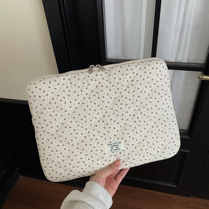 Puffy Laptop Sleeve 13-15.6 Inch Corduroy Quilted Laptop Protective Case Cute Floral Computer Sleeve Protective for MacBook (Cream Ditsy, 13-14 Inch)