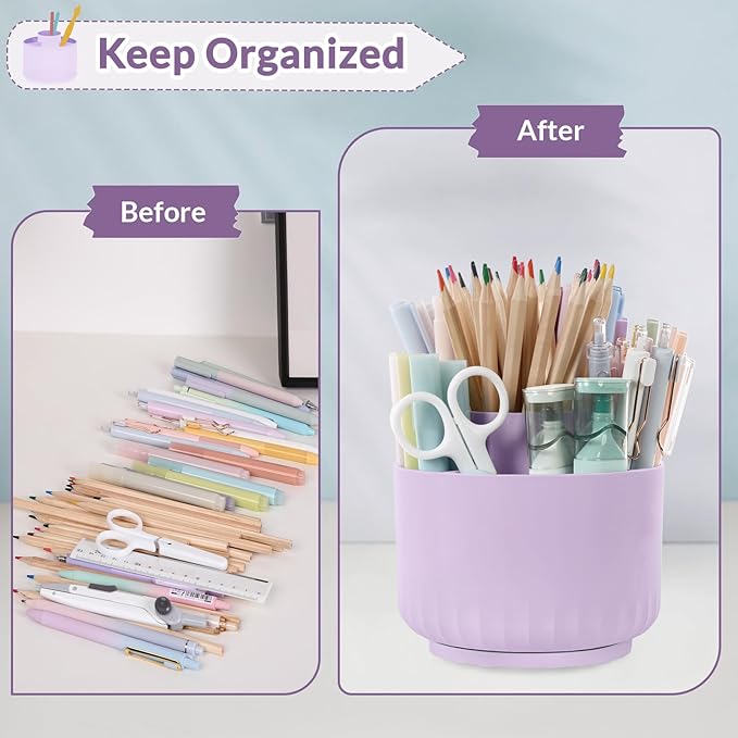 SKYDUE 360 Degree Rotating Desk Organizer, Dual-Purpose Pencil Pen Holder for Desktop, Rotating Desk Pen Organizer with 5 Slots Purple