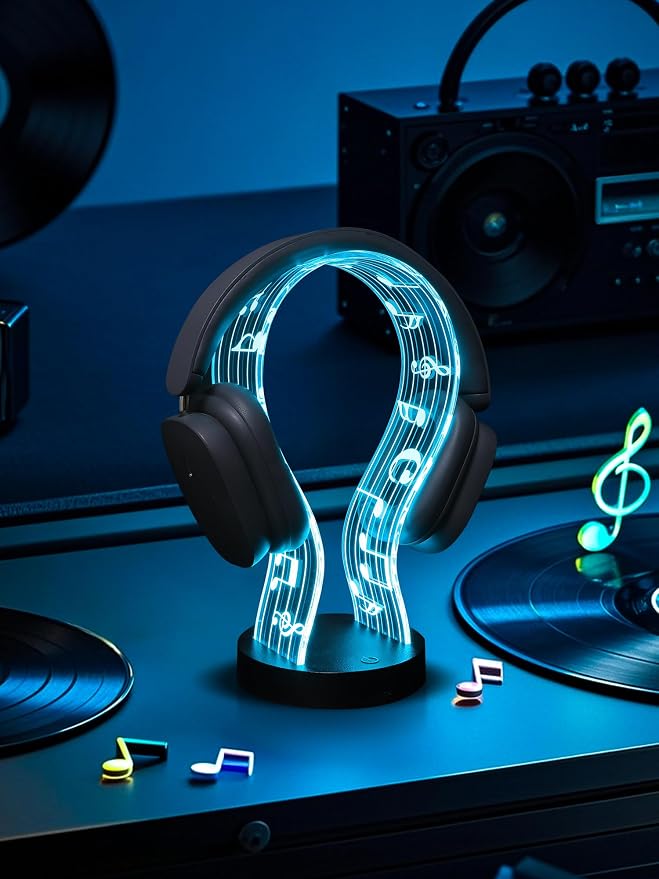 CoolGift Mart Light Up Headphone Stand with 16 Color Lights, Music Notes Pattern Acrylic Headset Stand with 1 USB and 1 Type-C Charging Ports, Gifts for Gamers Men and Music Lovers