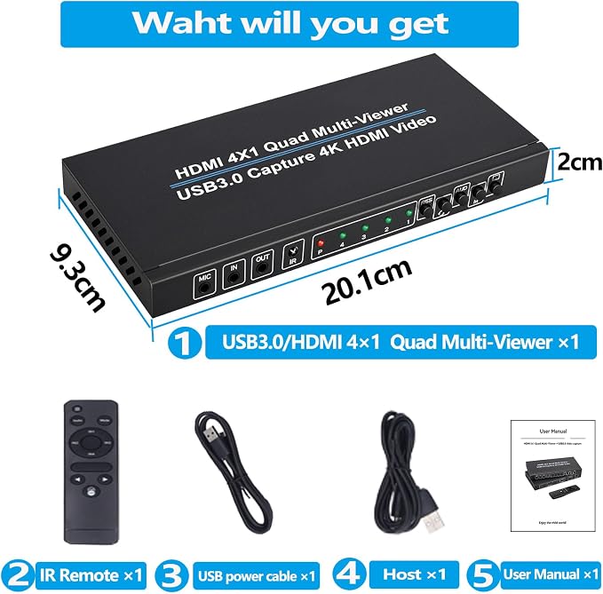 4K HDMI 4X1 Multiviewer with PIP USB3.0 Video Capture SIGRAPID Screen Divider 4 HDMI in 1HDMI and 1USB3.0 Video Capture Out Seamless Switch Display Supports IR/MC/Audio 4K@30Hz(YUV) 10 View Modes etc.