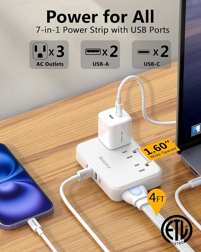 Innovative Power Strip, Cord Removable Design (4FT), Huntkey 3 Outlets Non Surge for Cruise, Travel Power Strip with 4 USB Ports (2 USB-C, 2 USB-A), ETL Listed