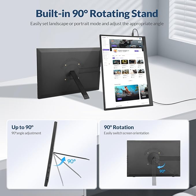 Portable Monitor, 16” 1200P FHD 16:10, 1500:1 Contrast, USB-C HDMI Laptop Screen Extender with Rotating Stand, Horizontal/Vertical Monitor, Travel Monitor for Laptop/PC/Mac/Windows/PS5,Vesa Mountable