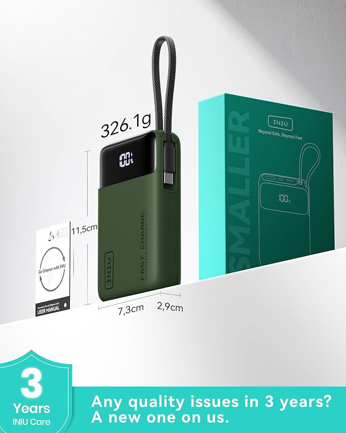 INIU 20000mAh Power Bank, Small 45W PD Fast Charging Portable Charger with Built-in USB C Cable, Flight-Safe Travel External Phone Battery Pack for iPhone 17 Pro Max Samsung S26 iPad etc, Green