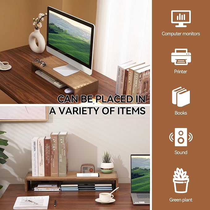 KIRIGEN Monitor Stand Wooden -Desk stand wood for Computer / Laptop/ TV Printer - Monitor Arms & Stands Desk Riser for Office Organizers -Desktop Workspace (59,Dark Brown)