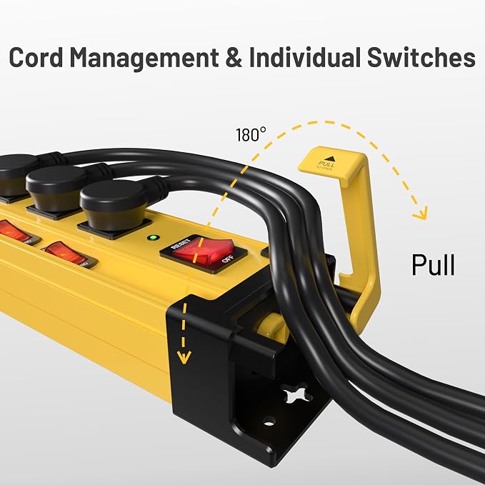 Power Strip Surge Protector 2700J with Individual Switches and Flat Plug, 15FT Heavy Duty Cord 6 Wide Spaced Outlet Mountable Metal Power Strips with Cord Manager and Hanger