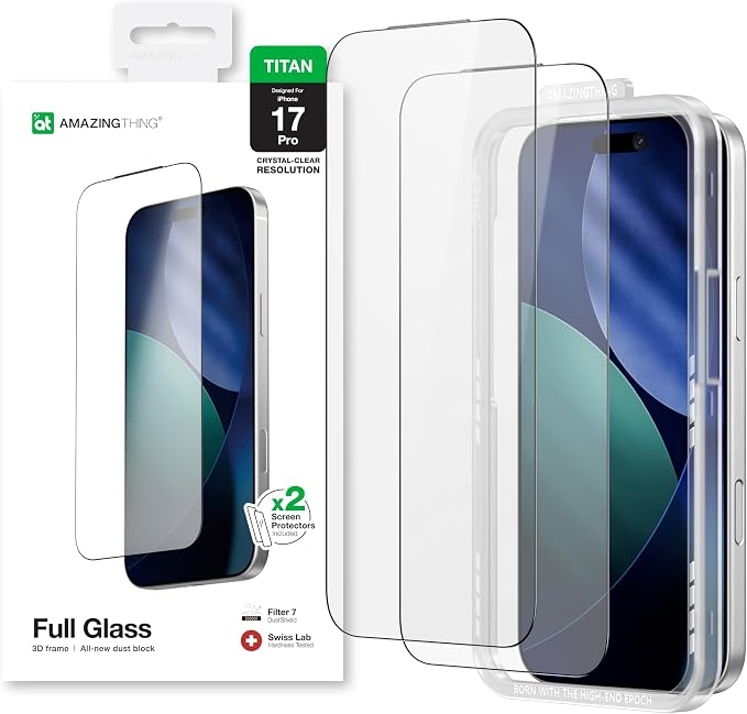 AMAZINGthing for iPhone 17 Pro [Titan Filter 7 - Full Glass] Screen Protector, Ultra Clear, 9H Tempered Glass, Full Coverage, Case‑Friendly, Oleophobic, Alignement Frame, 2 Pack