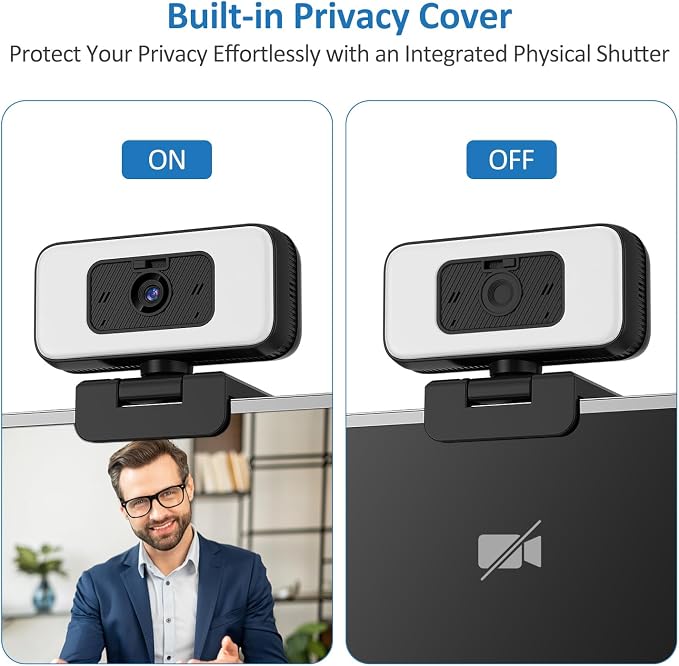2K Webcam for Laptop, USB Web Camera with Light, Webcam with Microphone, 5X Zoom, Privacy Shutter, Anti-Disturb Backlight