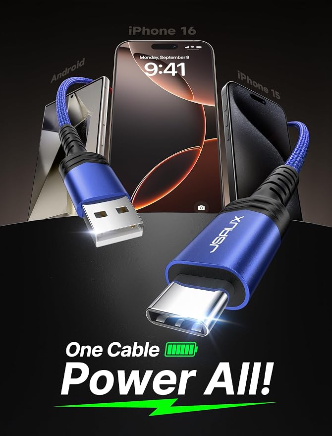 JSAUX USB C Cable [2-Pack 3.3ft], USB A to USB Cord Fast Charging for iPhone Air, iPhone 17, iPhone 17 Pro, iPhone 17 Pro Max, iPhone 16/iPhone 15 Series, Samsung S20 S10, Note 20 10, Car Play - Blue