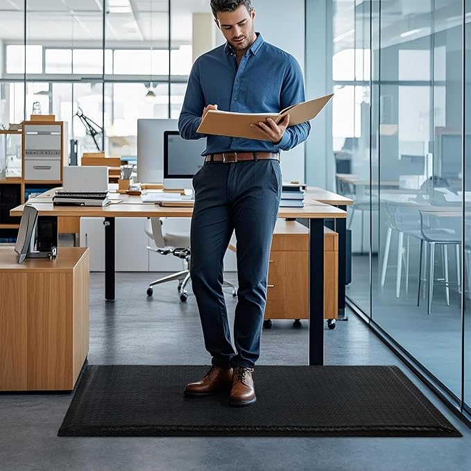 2'x6' Anti Fatigue Mat Industrial 15/16" Thick Soft Sponge Cushioned Floor Mat, Heavy Duty Diamond Plate Anti-Skid Standing Mat, Work Shop Mat (Black)