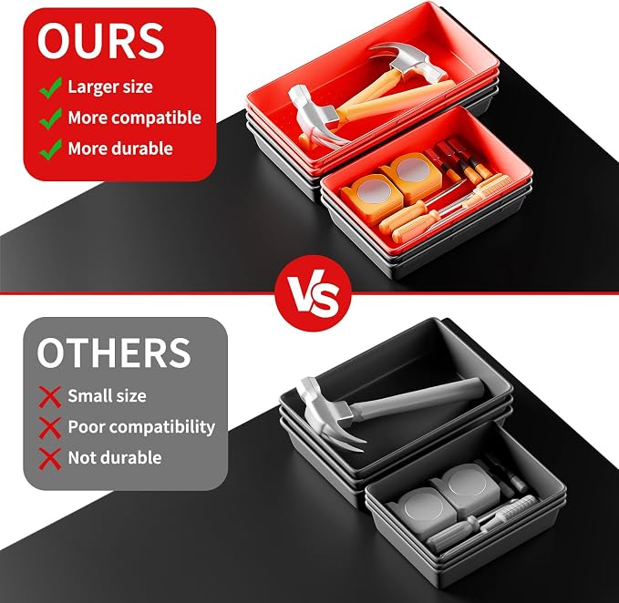 [5 Sizes] [69 PCS] Tool Drawer Organizer, Desk Tray, Rolling Chest, Toolbox (Black+Red)