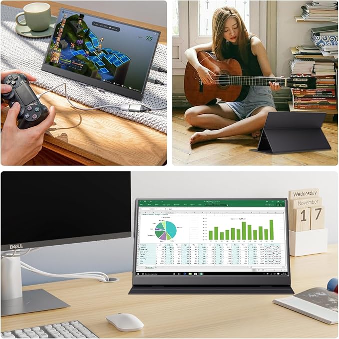 15.6 Inch Portable Monitor 1080P FHD IPS Gaming Display Monitor with USB-C & HDMI Light Weight Ultra-Slim External Second Screen with Smart Cover & Speakers for Laptop，PC, Mac, Phone, PS5, Switch