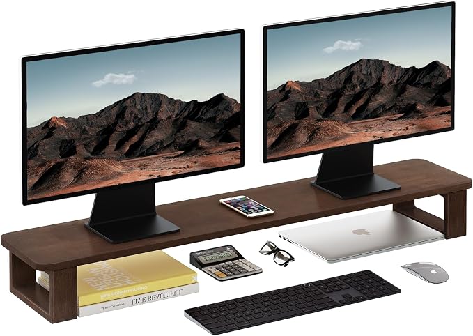 Ufine Dual Monitor Stand Riser 2 Heights Adjustable Wood Computer Monitor Stand Desktop Organizer, Large Monitor Stand for 2 Monitors, Laptop, TV, Printer